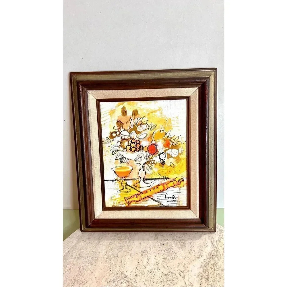Vintage Corlis Painting on Canvas Bowl of Fruit Yellow Brown Chappel Framed